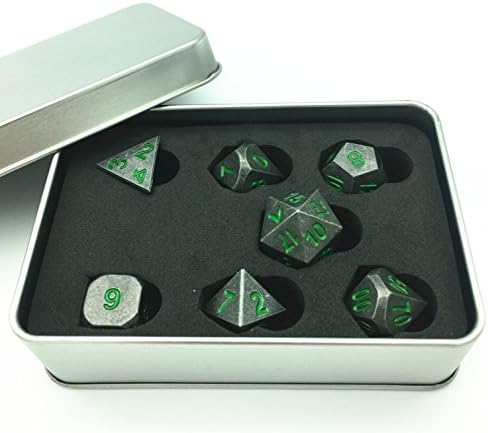 Truewon Metal Dice Set of 7 With Metal Case (Obsidian Black Surface Green Numbers)