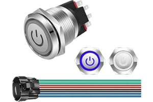 GUUZI 220V-230V/10A 22mm Interruptor de Botón de Enclavamiento NO/NC Impermeable Azul/Blanco Luz LED Iluminada Botón de Encendido de Metal Botón de Encendido con Cable de Enchufe