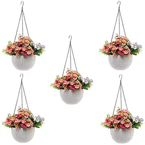 Truphe Plastic Hanging Pot, White, Pot Diameter-7.1 Inch, Pot Height-4.8 Inch, Pot Thickness-3 mm, Chain Length-13 inch Approx., 5 Pieces