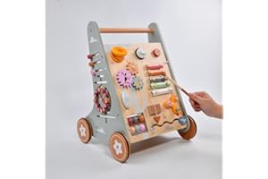 FEMBW Girello Bambini Legno, Carrello Primi Passi per Bambini, Girello in Legno con Giochi Educativi per Ragazzi e Ragazze, 1+ Anni