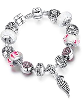 Bettelarmband Beads-Armband Schmuck-Armband mit Beads Anhängern, Herz, Flügel, versilbert, ideal als Geschenk,...
