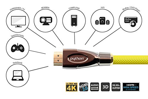 Python Series High-Speed-HDMI Anschlusskabel mit Ethernet – 4K2K / UHD / Ultra HD / Full HD – OFC, 3D-Unterstützung, Dreifachschirmung, Nylongeflecht, gelb, 2 m - 3