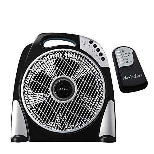 AirArtDeco Ventilateur de Box avec Télécommande| Box Fan | Louver Oscillant Automatiquement | 12 Pouces | 3 Vitesses | 50W | Fonction de Minuterie | Argent/Noir