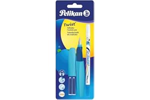 Pelikan Twist en couleurs assorties, stylo plume ergonomique, pour droitiers et gauchers, pour l'école et le bureau, plume M en acier inoxydable, 2 cartouches bleues et gomme incluses, rechargeable