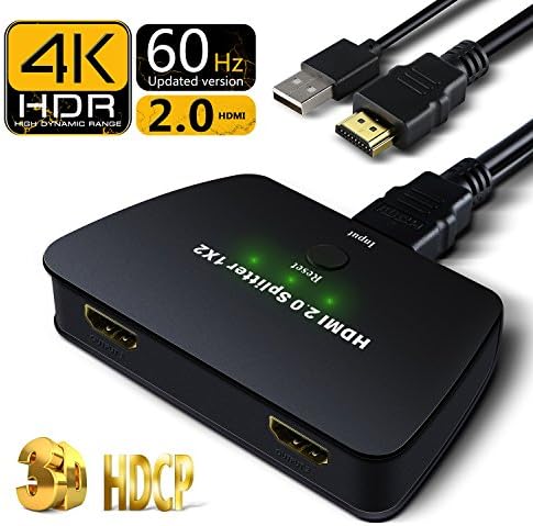 HDMI Splitter 1 in 2 Out HDMI Splitter 4k @60Hz Active Amplifier Support 3D HD 1080p 2160p 1x2 HDMI Switch Converter Adapter with HDMI Cable + USB Cable for Mac HDTV Blue-Ray Play DVD DVR Xbox PS3 PS4