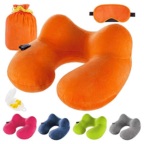 Newdora Almohada de Viaje, para Avión Almohada Cervical, Almohada de cuello, Almohada en Forma de U, Almohada Ortopédica Cervica, Almohada inflable de compresión manual, Soporte de Cuello, con Naranja
