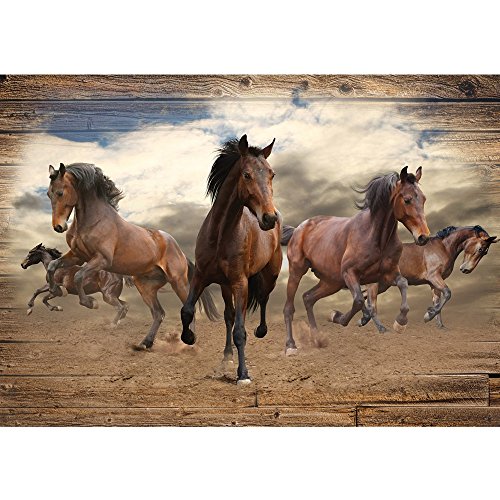 Vlies Fototapete PREMIUM PLUS Wand Foto Tapete Wand Bild Vliestapete - Pferde Hengste Galopp Holz - no. 3221, Größe: 312 x 219 cm Vlies