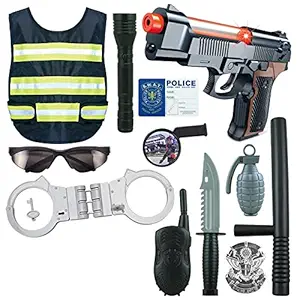 PLUSPOINT Police Uniform for Kids - 9-Piece Police Officer Costume Role Play Kit with Vest, Handcuffs, Gun, and Other Accessories for Pretend Play, Dress Up, School Play for Boys and Girls