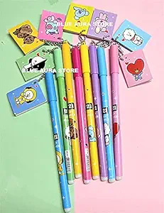 Blue Aura (Black Ink) BT21 BTS Kpop Pen With Mini Diary Set of 8 Multi color (Pen with Diary)