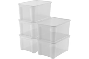 Keter Set di 5 Contenitori in Plastica con Coperchio T Box L, Trasparenti, Ideali per Vestiti e come Portaoggetti, Adatti per Armadi e Garage, 47 L, 55x39x28H cm