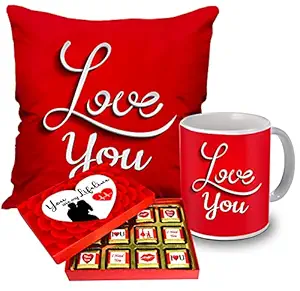 Midiron Chocolate Gift Box with, Printed Ceramic Coffee Mug Love Quoted Pillow For Valentines Day, Birthday, Anniversary and all Occasion, Chocolate gift for boyfriend, Girlfriend, Husband, Wife