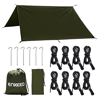 ENKEEO Camping Bâche 2.9 x 2.9 m Abris Anti-UV Légère Mouche de Pluie Tapis de Protection Imperméable pour Pique-Nique Tente Hamac avec 6 piquets en Aluminium, 8 Cordes et Sac de Transport, Vert