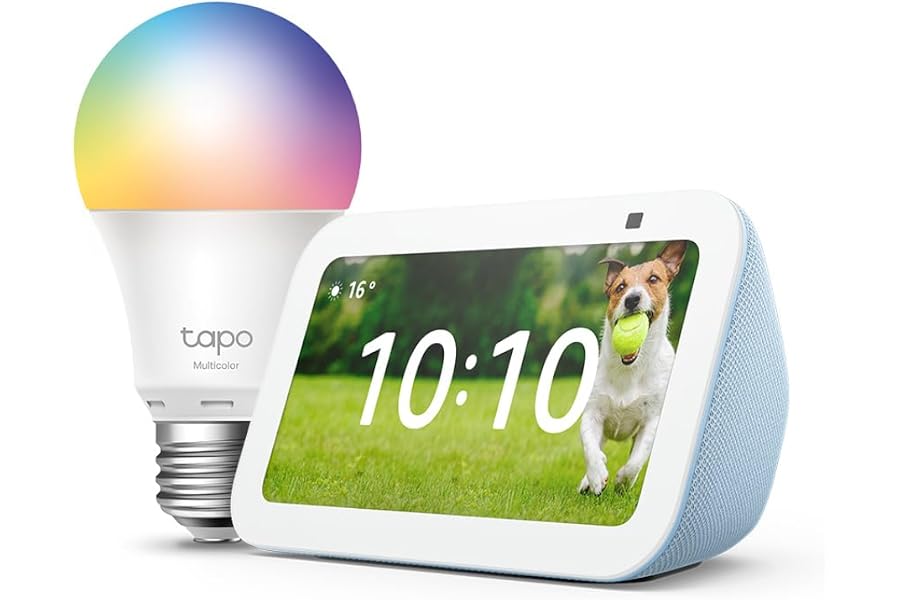 Echo Show 5 (3.ª generación) | Gris azulado + Tapo L530EA Bombilla LED Inteligente (E27), Compatible con Alexa - Kit de inici