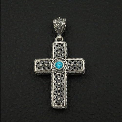 Cross Double Side Aqua Blue Topaz Cz &amp; Natural Green Onyx Filigree Byzantine Style 925 Sterling Silver Greek Handmade Art Unique
