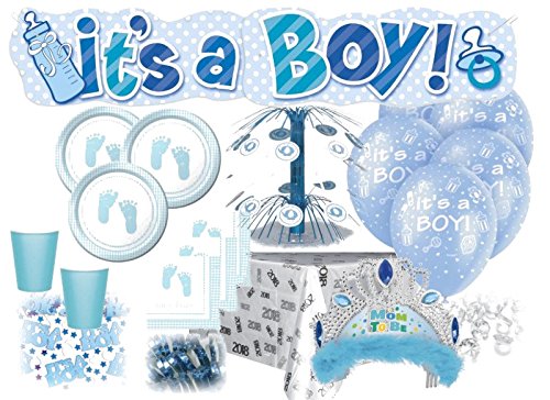XXL+ 69 Teile Baby Füßchen Pastell Blau Babyshower Set für 16 Personen