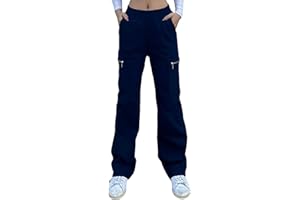 Nuofengkudu Strech Large Pantalon Cargo Femme Elastique Taille Haute Zip Poches Droit Longue Pantalons Ample Travail Multipoches Boyfriend Y2K Ado Casual Decontracte