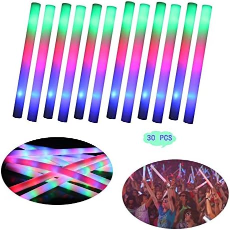 30 Pcs LED Colorful Foam Rave Party Cheering Glow Light Stick Flashing Foam Glow Stick With Batteries for Party Celebration Concert Festival Christmas Birthday Party Supplies Children Toy Weddings