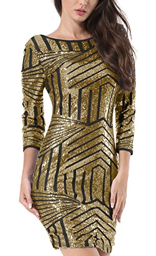 Yidarton Damen Paillettenkleid Langarm Rundhals Backless Partykleid Ballkleid Abend Minikleid (Gold, Small) - 2