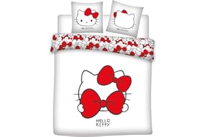 Aymax Parure de Lit Double Hello Kitty Bow, 2 Personnes, Housse de Couette Réversible 240x200 cm + 2 Taies d'oreiller 65x65 cm, Blanc