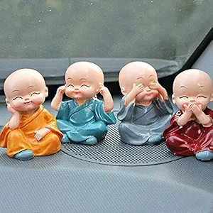 TIED RIBBONS Polyresin Buddha Monk Car Dashboard Showpiece, Standard, Multicolor, 4 Piece