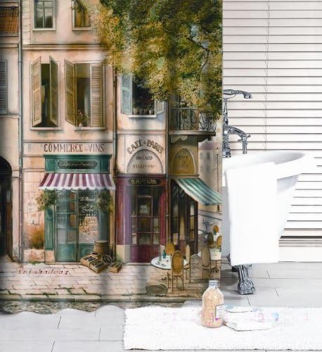 Mostyle Nostalgic Classic Paris Street Corner Coffee Shop Shower Curtain Polyester 180*180cm Including 12 Curtain Hooks