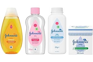 SAESR Johnson's 4-Pack Newborn Essentials with Our Gentle Baby Oil 200ml, Baby Shampoo 200ml, Baby Talc 200g, and Cotton Buds 200s. Dermatologist Tested Baby Essentials for Newborn.