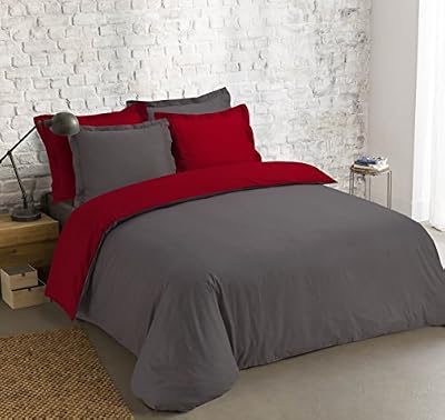 VISION Parure de couette 100% coton - 1 housse de couette réversible 240x220 cm + 2 taies d'oreillers 65x65 cm anthracite et rouge