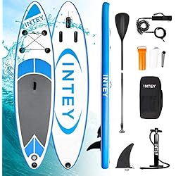 INTEY Stand Up Paddle Board Gonflable, Sup Planche 305×76×15cm en PVC Construction Ultra Robuste, Kit avec Pagaie, Pompe à Double Action, Sac à Dos, Boîte de réparation, Leash, Aileron