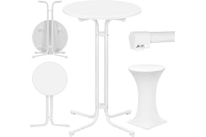 WOLTU Mesa de Bar Plegable, Mesa Redonda de Cóctel con Funda Elástica para Boda y Fiestas, Mesa Auxiliar con Patas Metálicas y Pie Ajustable, 70x110 cm, Blanco Mate