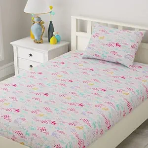 haus & kinder Girl on The Moon 100% Cotton Single Bedsheet for Kids with 1 Pillow 186 TC (Multicolor)