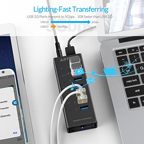AIFFECT 7 Port USB 3.0 Super-Speed Lade Hub mit Netzteil, BC 1.2 Aufladung- Schwarz - 3