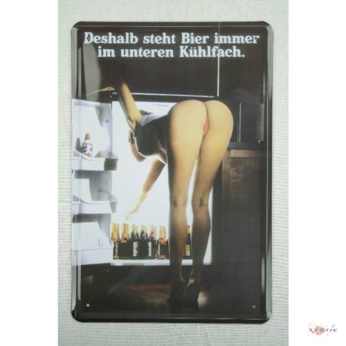 Blechschild 20x30 cm " Deshalb steht Bier immer unten im Kühlschrank " super tolles gewölbtes Motiv geprägtes Pin Up Blechschild - eine Zierde für jede Bar
