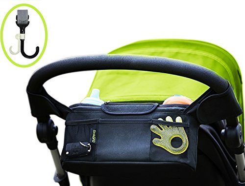 Stroller Organiser With Bonus Stroller Hook- The Must-Have Stroller Accessory. Keep All Your Essentials Easy To Reach. Fits All Major Strollers. Easy To Use. High Quality. (Black)