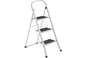 LOLAhome Escalera Varios Peldaños,Plegable Antideslizante,Asa Superior,Sistema de Seguridad,Peldaños y Tapas Antideslizantes,Capacidad 150 kg,Blanca o Negra de Acero (Blanco, 3 Peldaños - 105 cm)