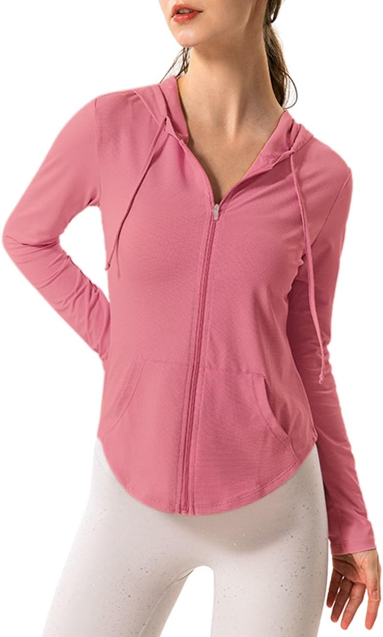 Hanyomo Mujeres Manga larga UPF 50 + protector solar Chaquetas deportivas Capucha Camiseta de fitness Bolsillo Yoga Cremallera completa Jacket