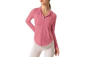 Hanyomo Mujeres Manga larga UPF 50 + protector solar Chaquetas deportivas Capucha Camiseta de fitness Bolsillo Yoga Cremallera completa Jacket