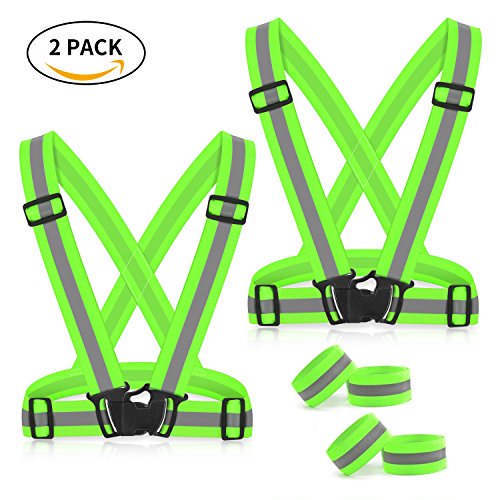 Preisvergleich Produktbild 2 Einstellbar Warnweste + 4 Arm- Beinbänder, Waitiee Reflektierende Sicherheitsweste Elastic Unfallweste Hohe Sichtbarkeit Gürtel für Laufen Jogging Radfahrer / Arbeiten (Grün)