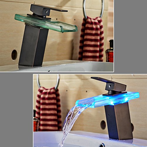 Auralum® Zeitgenössig Schwarz LED RGB Glas Mischbatterie Wasserhahn Armatur Wasserfall für Bad Badezimmer Spüle Waschtisch Waschtischarmatur Küchen - 6