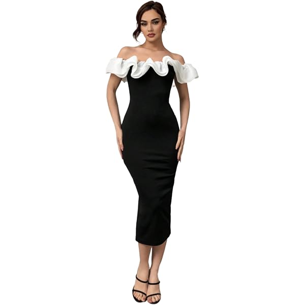 SHEIN Dress for Women – Elegant Cocktail Dress Elenzga Contrast Color  Fitted Mini Dress with Square Neck & Short Sleeves – Casual Black & White  (S): Buy Online at Best Price in