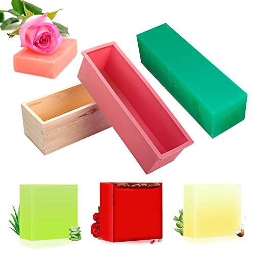 Hihoddy Silikon rechteckig DIY Seife, rechteckige Silikonform mit Holzkiste, Kerze, Toast, Gelee, Pudding mit Holz Form Box hausgemachte 1.2L/42oz – rose - 6