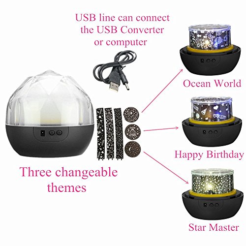 SOLMORE LED Sternenhimmel Projektor Sternenlicht Nachtlicht Sterne Star Diamanten Licht Romantische Nacht Lampe Beleuchtung 3 Austauschbare Film (Stern himmel ,Happy Birthday ,Sea World) USB/Batteriebetrieben für Kinder Baby Weihnachten Geburtstag Geschenk Zimmer Deko schwarz - 5