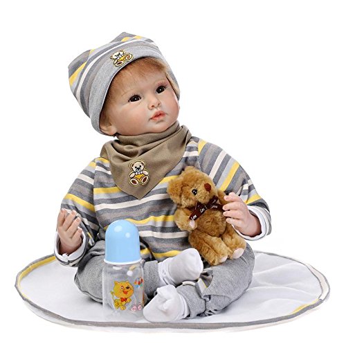 Nicery Reborn Baby Doll Soft Simulation Silicone Vinyl 22inch 55cm Magnetic Mouth Lifelike Boy Girl Toy Brown Bear