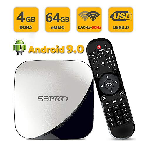 SUNNZO S9 Pro Android 9.0 OS TV BOX/Lecteur Multimédia de Diffusion en Continu Android 9.0/Boîte TV 4K avec Rockchip 3318 Quad-Core Chipset,64 Bits 4GB/64GB,WiFi Bi-Bande,USB 3.0,4K HD,H.265