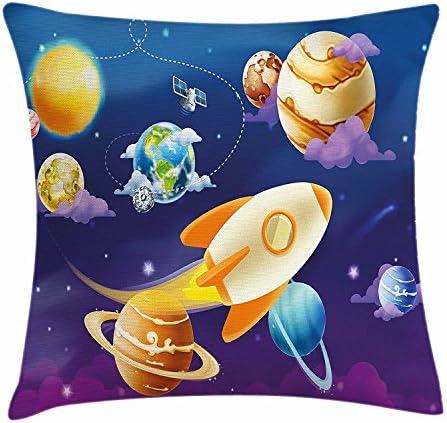 Boy's Room Throw Pillow Cushion Cover, Solar System of Planets with a Cute Spaceship Milky Way Galaxy Earth Jupiter Sun, Decorative Square Accent Pillow Case, 18X18 Inches, Multicolor