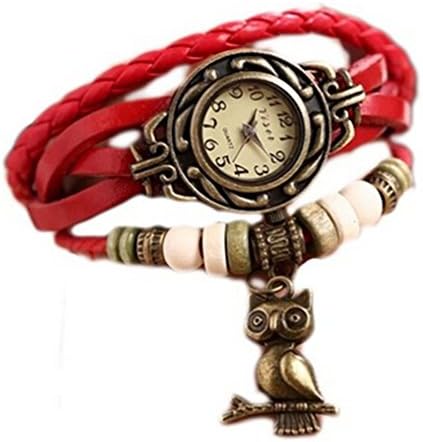 Ryanwayland Elegant Ladies Bronze Owl Boho Chic Vintage Hand Made Weave Wrap Bracelet Watch (Red)