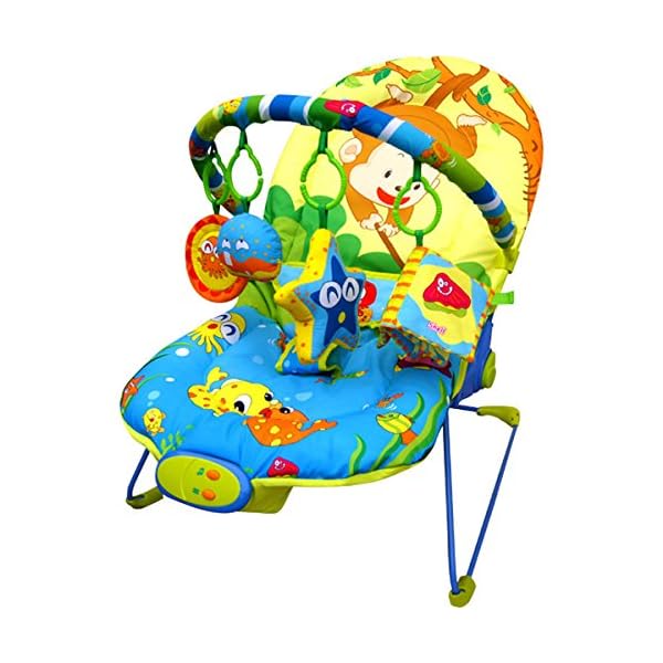 Just4baby Musical Melodies Soothing Vibration Baby Bouncer/Rocker Reclining Chair with 4 hanging toys Monkey Fishing Bouncer