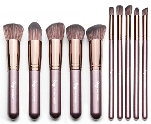 Qivange Makeup Brushes, Synthetic Kabuki Makeup Brush Set Foundation Blush Blending Eyeshadow Concealer Bronzer Powder Cosmetic Brush Kit(10pcs Coffee Gold)