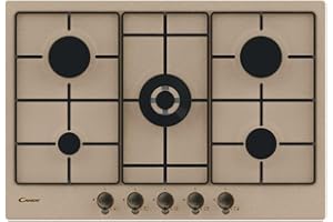 Candy Classic Piano Cottura a Gas 5 Fuochi, Acciaio Inossidabile, Bruciatore a Doppia Corona, Griglie Smaltate Leggere e Lavabili in Lavastoviglie, 74,5 x 51 x 3,5 cm, Color Avena - CHW7AV4WGT
