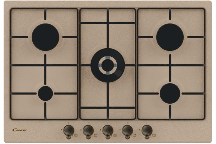Candy CHW7AV4WGT Classic 5 Burner Gas Hob, Stainless Steel, Double Crown Burner, Light Enamel Grills, Dishwasher Safe, 74.5 x 51 x 3.5 cm, Oat