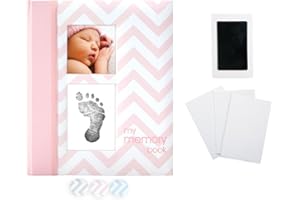 Pearhead First 5 Years Chevron Baby Memory Book with Clean-Touch Baby Safe Ink Pad for Baby Handprint or Footprint, Baby Girl Keepsake Book, Imprint Kit Included, Pink, UK English Version